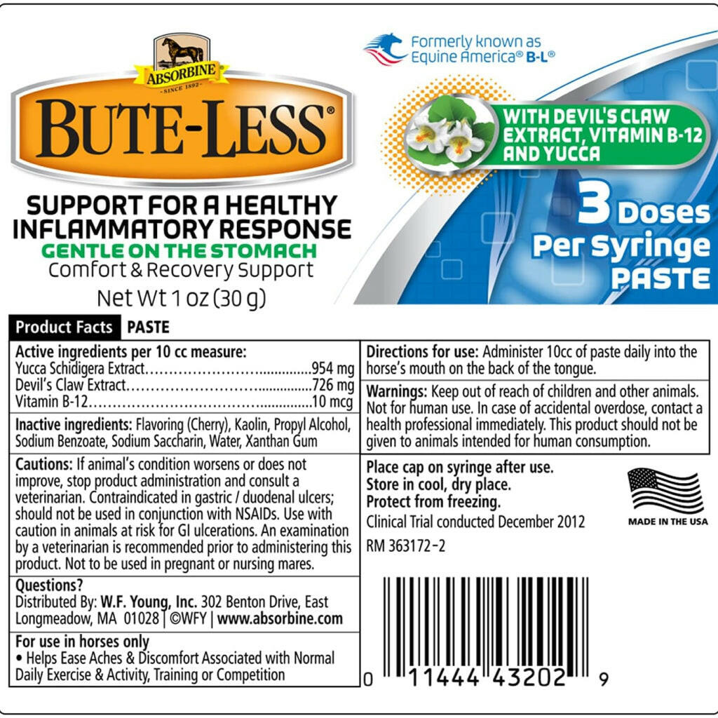 Absorbine Bute-Less Comfort & Recovery Supplement Paste for Horses (3 doses)