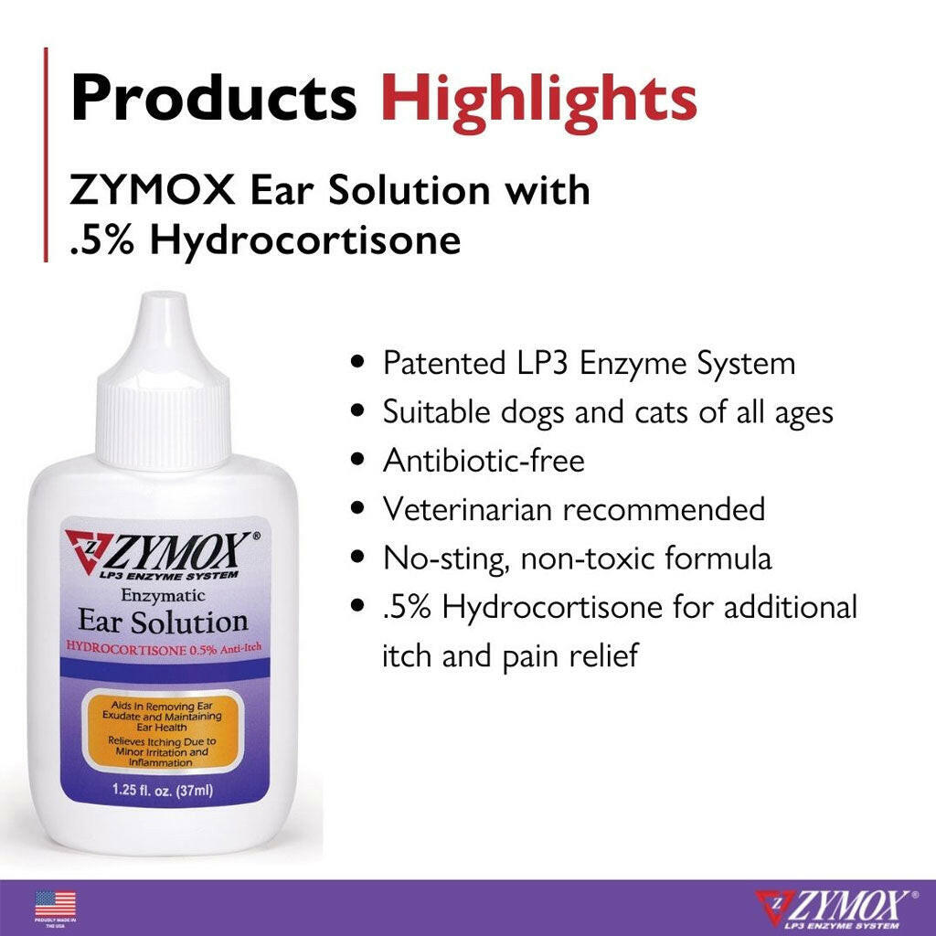 Zymox Ear Solution with 0.5% Hydrocortisone for Dogs & Cats (1.25 oz)