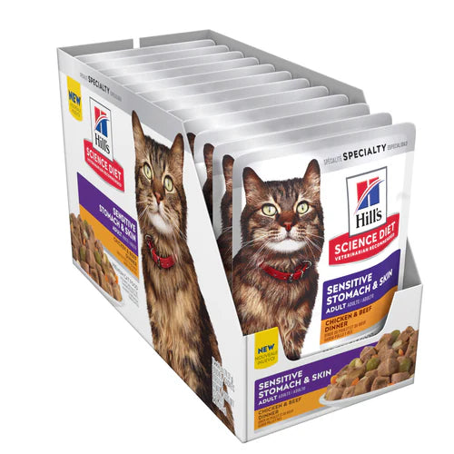 Hill's Science Diet Adult Sensitive Stomach & Skin Wet Cat Food, Chicken & Beef  (2.8 oz x 24 pouches)
